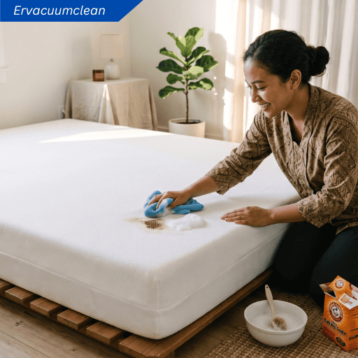 Cara membersihkan noda kasur busa dengan busa sabun lembut dan baking soda